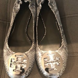 Tory Burch Silver Snake Print Flats